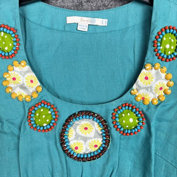 Boden Top Womens 6‎ Blue Linen Tunic Boho Embellished Elastic Waist Beaded - Picture 4 of 12